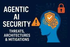 Concept illustration of agentic AI security, featuring a blue head silhouette with a shield symbol and security icons, representing threats, architectures, and mitigations.