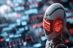 A futuristic robot head design with glowing elements, set against a blurred digital background, showcasing advanced technology.