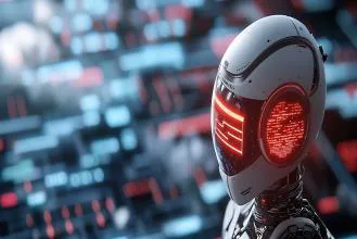 A futuristic robot head design with glowing elements, set against a blurred digital background, showcasing advanced technology.