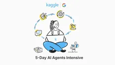 Illustration of a person participating in a 5-Day AI Agents Intensive program by Kaggle and Google, surrounded by icons representing various AI concepts.