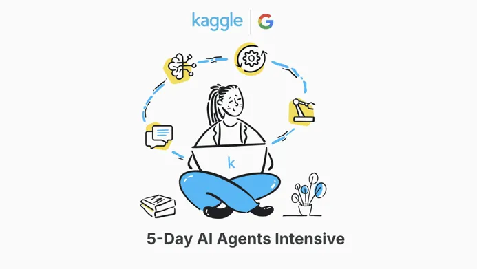 Illustration of a person participating in a 5-Day AI Agents Intensive program by Kaggle and Google, surrounded by icons representing various AI concepts.