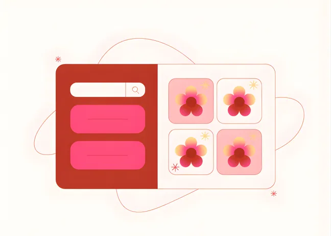 A colorful design featuring a search bar and flower patterns, illustrating an engaging user interface.