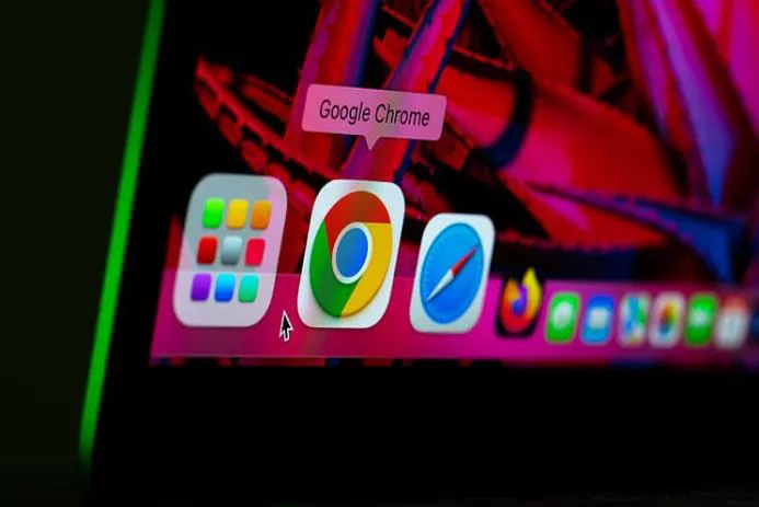 Close-up view of the Google Chrome app icon on a colorful desktop interface