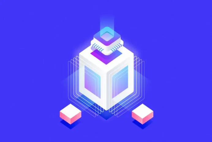 A digital 3D illustration of a cube with glowing elements on a vibrant blue background, symbolizing technology and innovation.