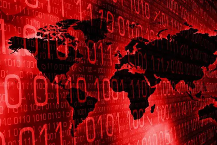 A digital representation of a world map overlayed with binary code in red hues, symbolizing technology and data.