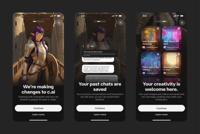 Screenshots showing changes to c.ai with character chat, past chat history, and creative options for users.
