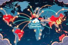 A global map visualizing Cloudflare's November expansion with highlighted regions and year indicators for 2022 and 2025.