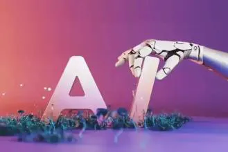 A robotic hand delicately interacts with 3D letters 'A' and 'I', symbolizing artificial intelligence, set against a vibrant, colorful background.