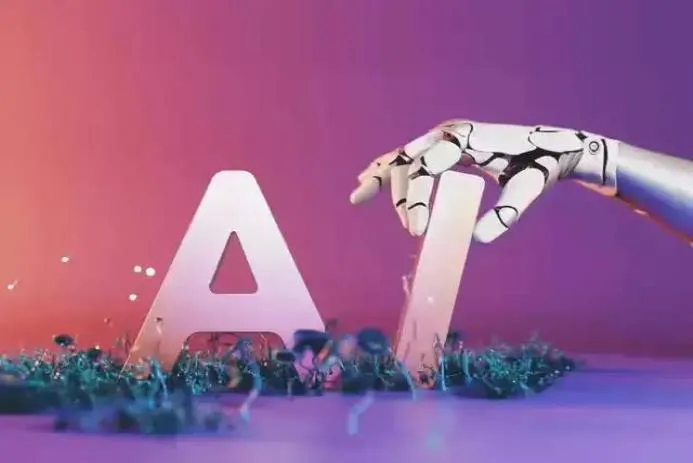 A robotic hand delicately interacts with 3D letters 'A' and 'I', symbolizing artificial intelligence, set against a vibrant, colorful background.