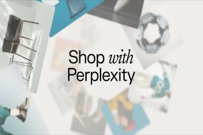 Creative advertisement for shopping with Perplexity showcasing various products and a stylish chair.