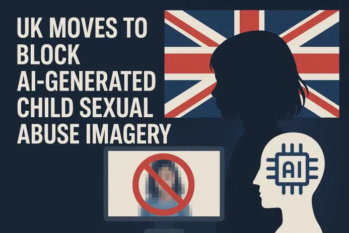Illustration depicting the UK government's initiative to prohibit AI-generated child sexual abuse imagery, featuring a silhouette of a child, a computer screen with a no symbol, and a representation of artificial intelligence.
