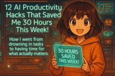 A cheerful character holding a sign that says '30 HOURS SAVED THIS WEEK!' surrounded by computer screens and tech symbols, representing AI productivity hacks.