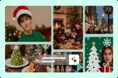 A festive Christmas celebration scene featuring a young man in a Santa hat, holiday decorations, families enjoying gift exchanges, and a decorated Christmas tree.