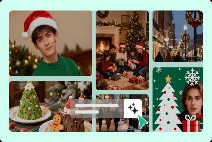 A festive Christmas celebration scene featuring a young man in a Santa hat, holiday decorations, families enjoying gift exchanges, and a decorated Christmas tree.